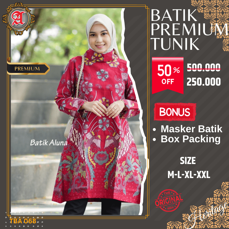 Dress Batik Wanita Dewasa Lengan Panjang Atasan Tunik Baju Batik Cewek Premium Modern Mewah Model Elegan Batik Aluna Solo TBA 068