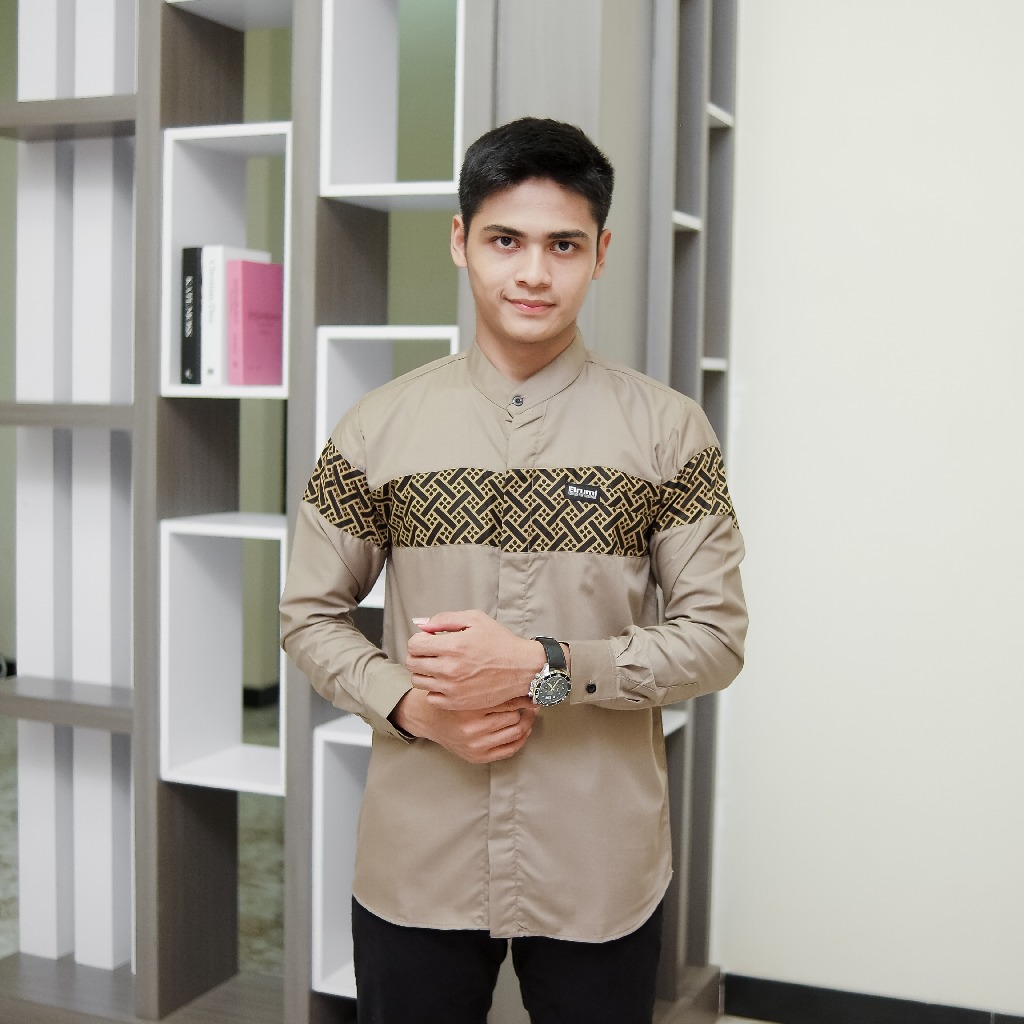 Kemeja Koko Pria Lengan panjang Elrumi Kombinasi Batik Pekalongan Baju Koko Motif Batik Qinang