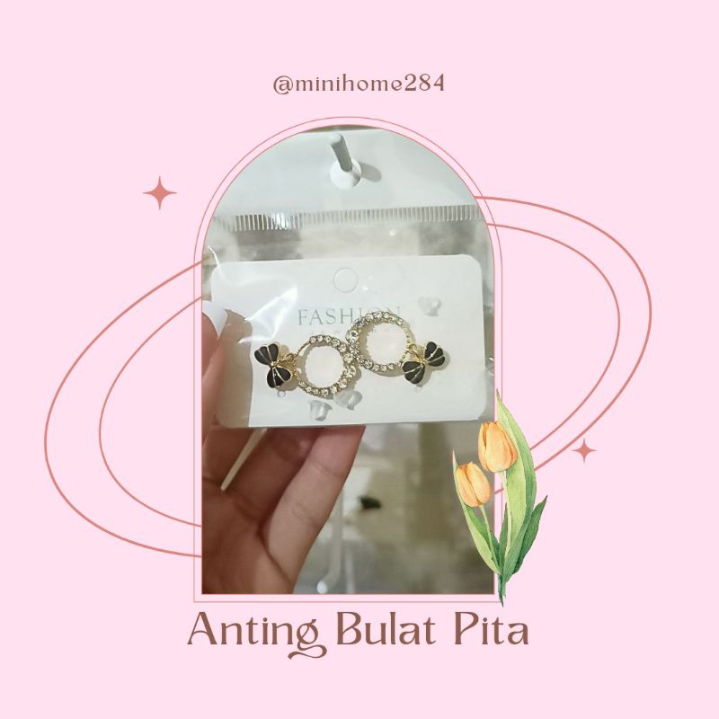 Anting Import Tusuk Desain Bulat Pita Hitam / Anting Tusuk Bulat Pita