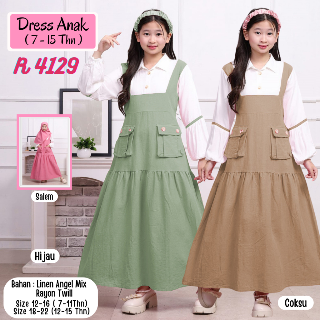 (7 - 15 TAHUN) BAJU DRESS FASHION ANAK PEREMPUAN TANGGUNG / DRESS BAHAN LINEN ANGEL MIX RAYON TWILL 