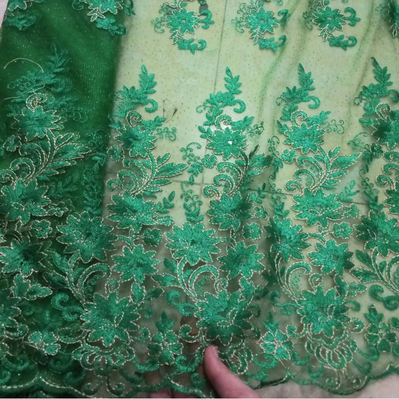 kain tile brokat meteran full bordir warna hijau cantik