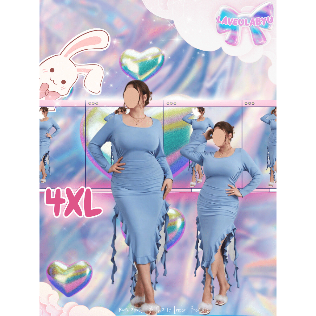 Laveulabyu♡ Dress Lengan Asimetris dengan Ruffle Biru| Big Size | Jumbo | Plus Size