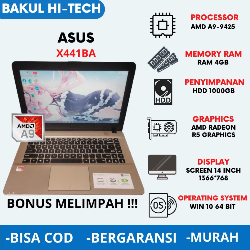 LAPTOP ASUS X441B AMD SPEK EDITING DAN GAMING - LAPTOP BEKAS MURAH - LAPTOP ASUS X441B RAM 8 DAN SSD