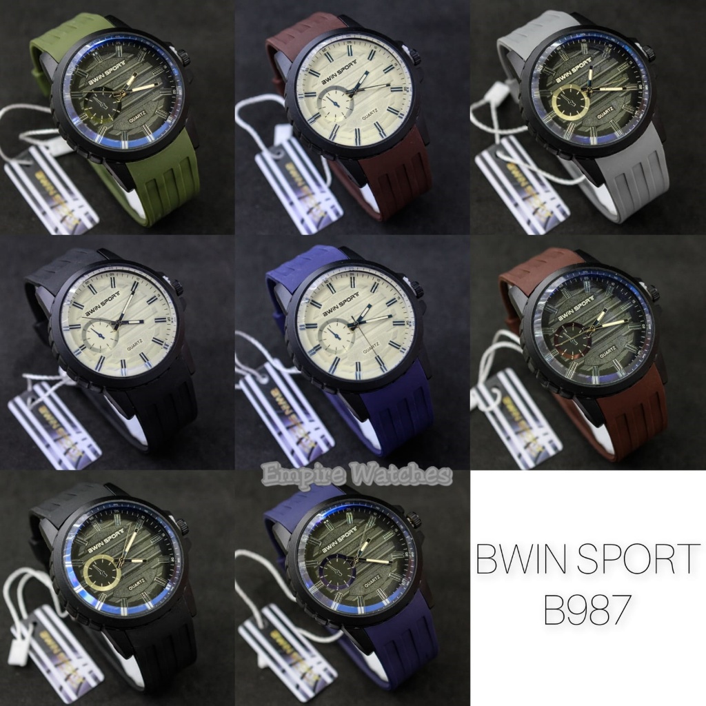 Jam Tangan Awin Bwin Sport B987 Pria Cowok Analog Tanggal Aktif Strap Rubber Kualitas Original, Untu