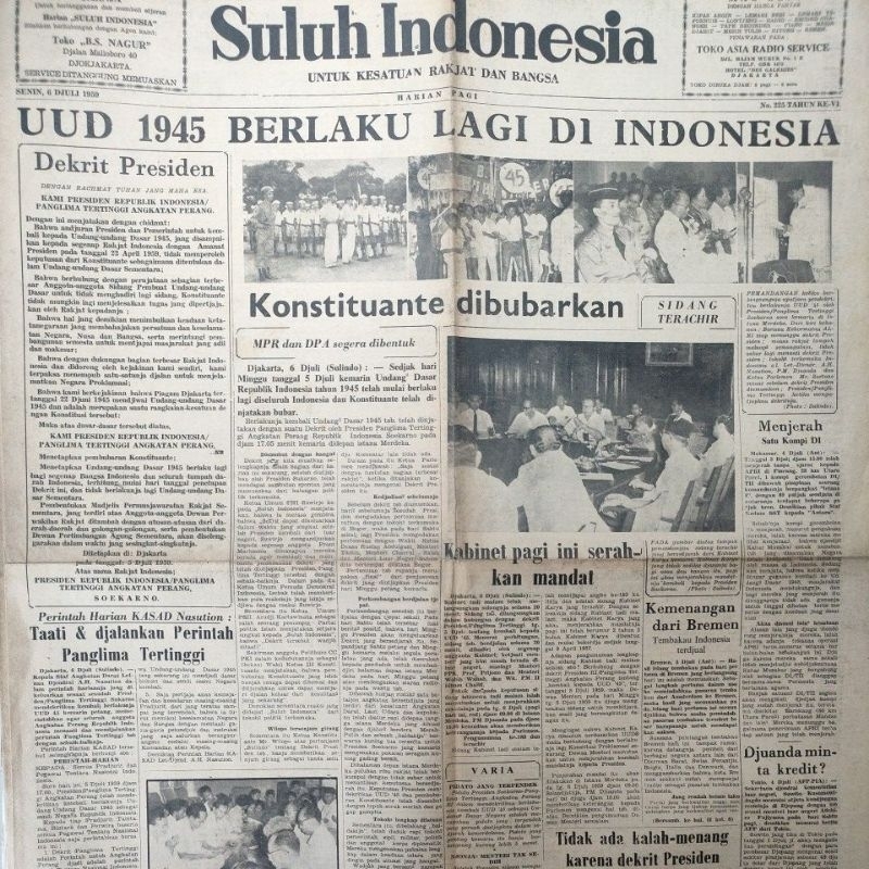 Surat Kabar Kuno Suluh Indonesia Tahun 1959 Koran Sejarah UUD 1945