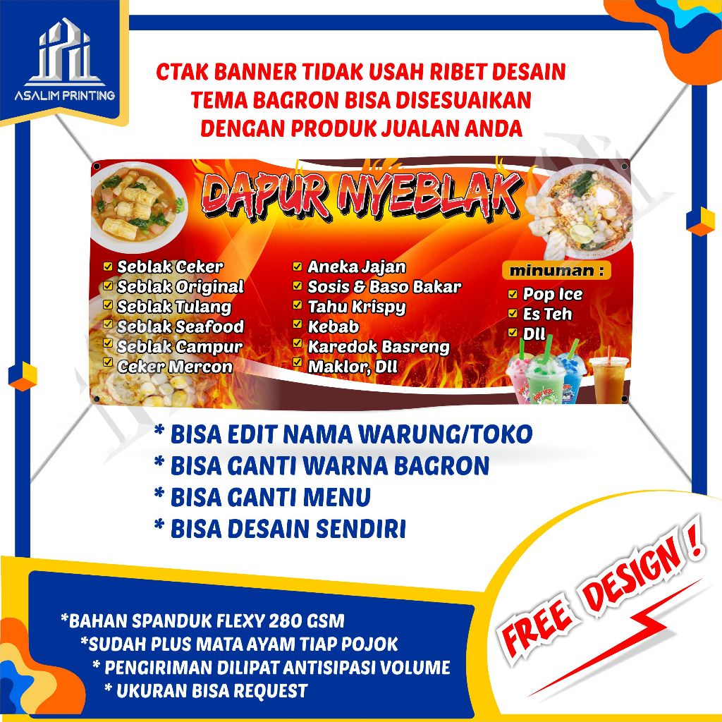 (Bisa COD) Spanduk Seblak Banner Jualan Backdrof Custom Baliho X Benner Makanan Sepanduk Dagang Free