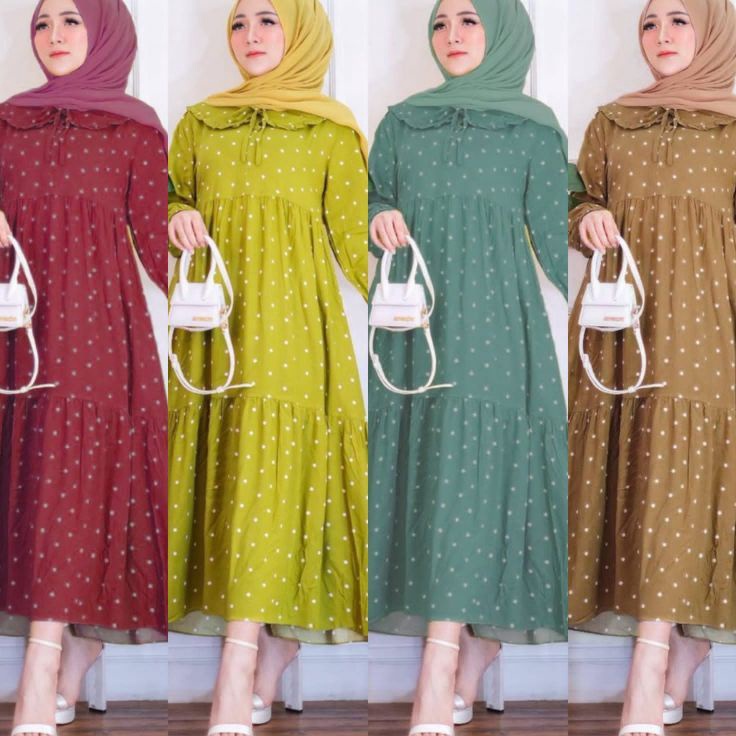 DRESS KANIA GAMIS RAMPEL POLKADOT POLKA KEKINIAN TERBARU 222 GAMIS LEBARAN CHIKI MIDI DRESS MOTIF WA