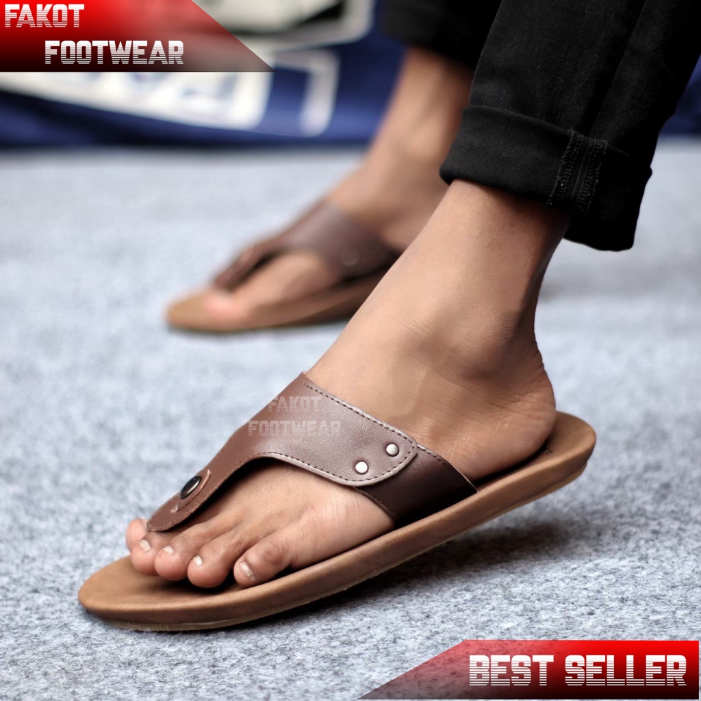 FAKOT FOOTWEAR CLOVER - Sandal Pria Kulit Jepit Casual Hitam Coklat Tan Cevany Original
