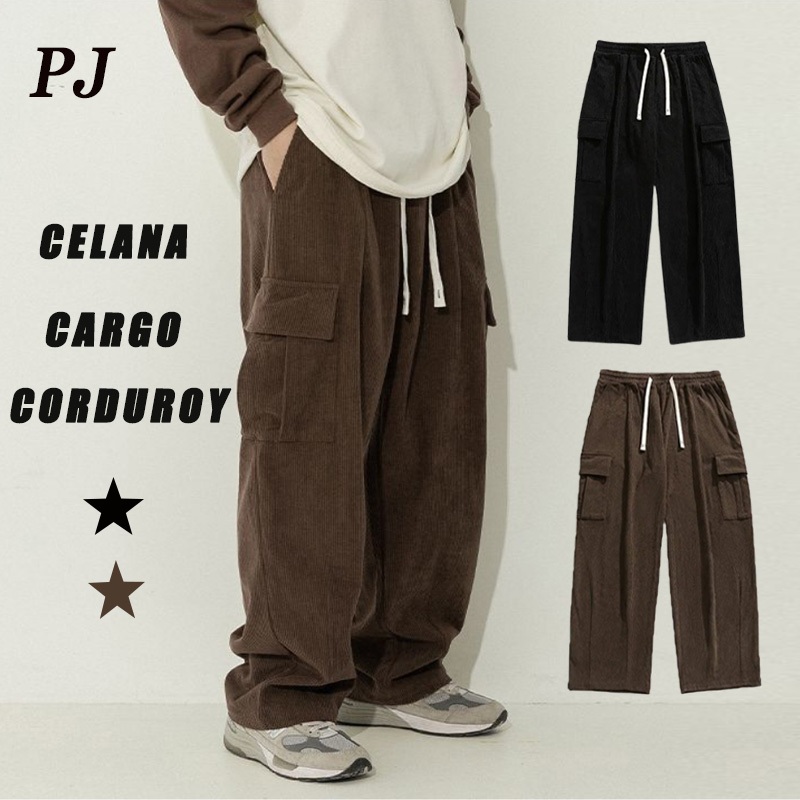 Murah Celana Cargo Corduroy Pria Cokelat Celana Kargo Panjang Pria Hitam Loose Pants Celana Gombrang