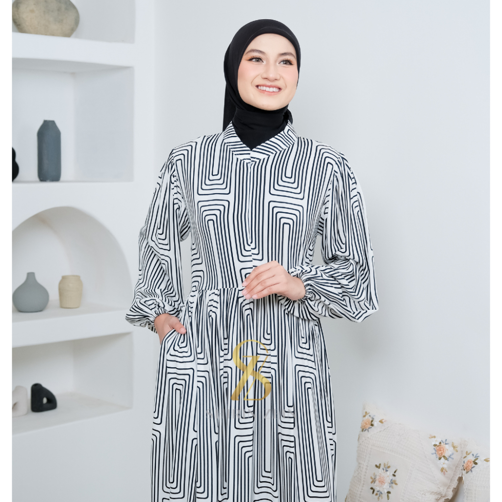 ShirinZein - Gamis Dress Linna Hitam Busui Friendly Motif Terbaru Kondangan Mewah Muslim Wanita Kekinian-Putih