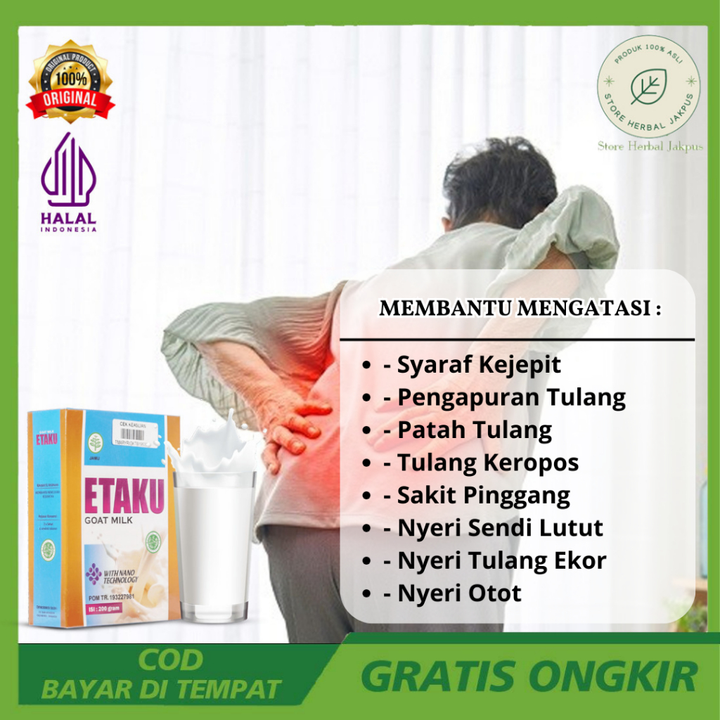 

Obat Saraf Kejepit Pengapuran Tulang Patah Tulang Keropos Susu Untuk Kesehatan Tulang Dan Sendi Anak Dewasa Orang Tua dan Lansia Susu Kambing Etawa Bubuk Etaku Goat Milk Asli 100% Original