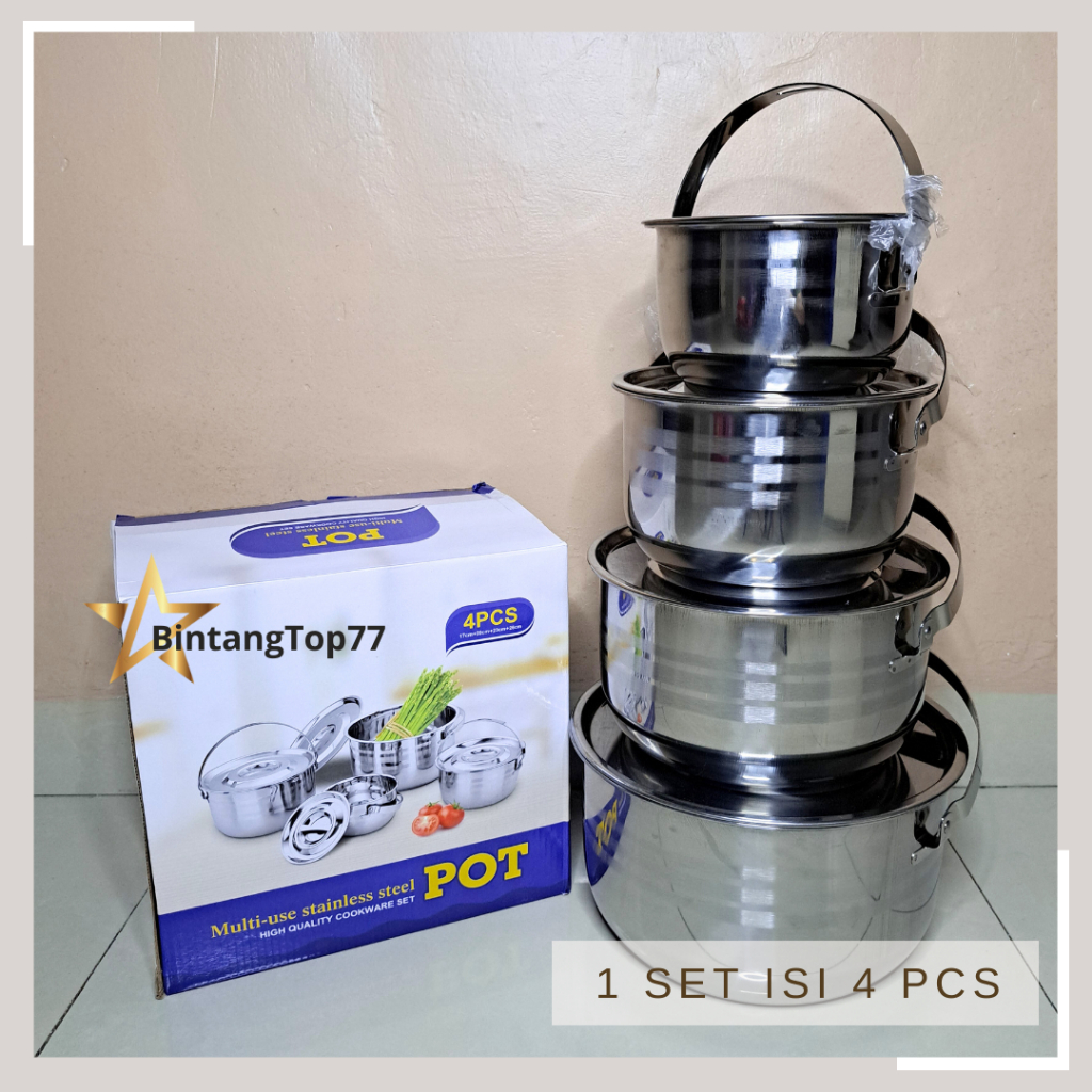 Panci + Tutup / Panci India Stainless Set Susun 4 (1 Set Isi 4 Pcs) / Pot Multi-use Stainless Steel