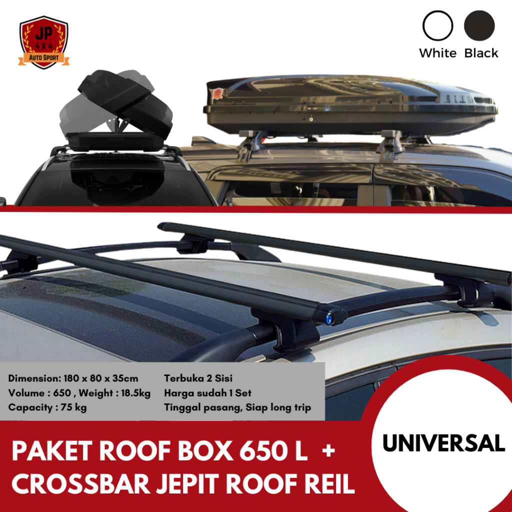 Paket roof box bagasi atas mobil slim 650 Liter + Crossbar roof reil