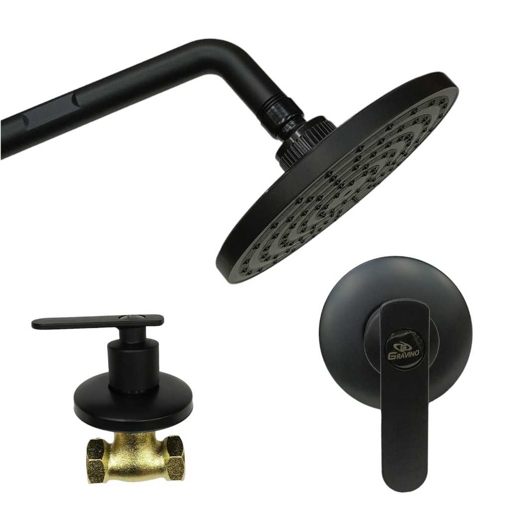 Paket Shower Tanam Hitam Series Wall Shower 6" Set Stop Kran Tanam GRV Shower Mandi Black