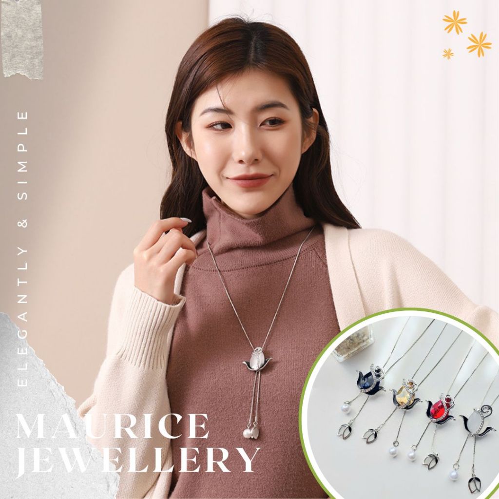 Maurice Jewellery Kalung Sweater Rantai Panjang Liontin Tulip Putih Hias Berlian Imitasi Perhiasan H