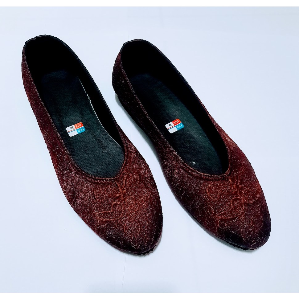 etnik fashion sepatu wanita flat slip on bordir murah terbaru polos coklat