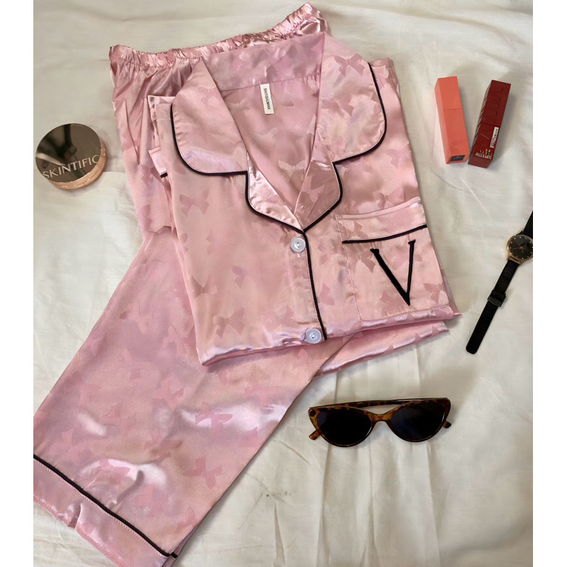 Piyama Silk Wanita motif vs pink & blue Pajamas set baju tidur wanita