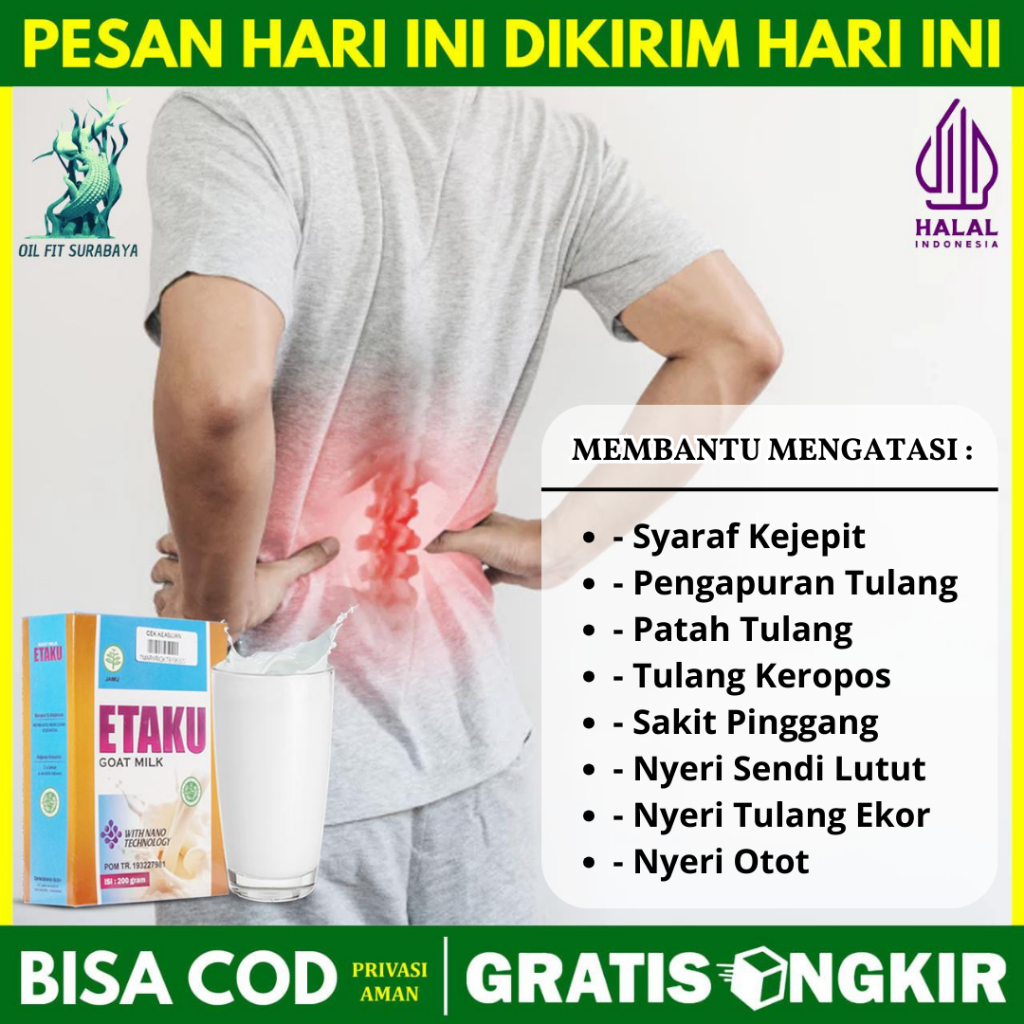 

Obat Saraf Kejepit Pengapuran Tulang Patah Tulang Keropos Susu Untuk Kesehatan Tulang Dan Sendi Anak Dewasa Orang Tua dan Lansia Susu Kambing Etawa Bubuk Etaku Goat Milk Asli 100% Original