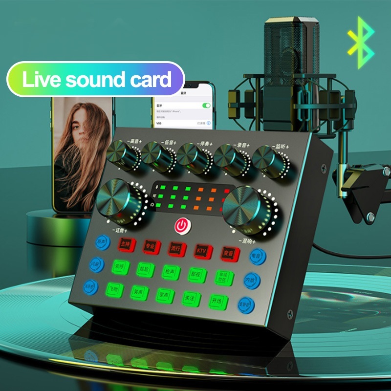 SOUNDCARD FULL SET MIC V8S SOUND CARD LIVE SINGING EQUIPMENT AUDIO MIXER STREAMING BLUETOTH SOUND