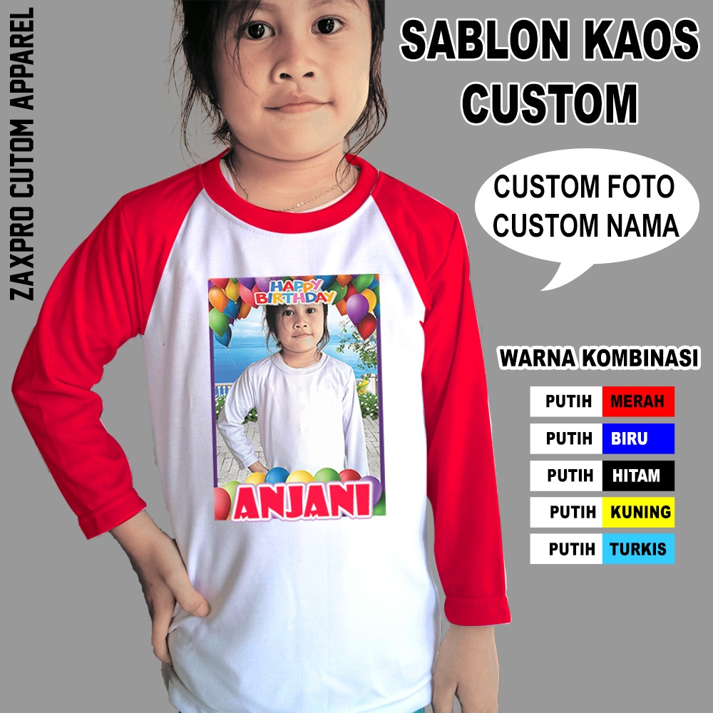 Kaos Anak custom Foto Nama Lengan Panjang Model Raglan