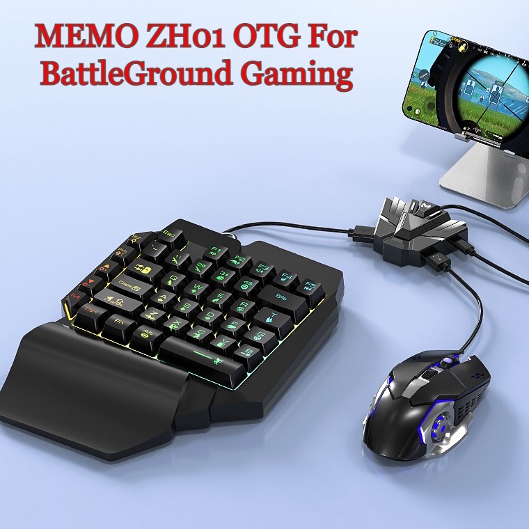 ar MEMO ZH1 OTG keyboard gaming dan MouseSingle Hand Gaming RGB Keyboard dan mouse Converter  Paling