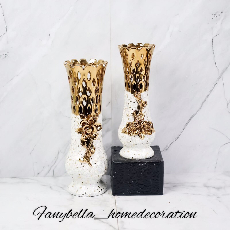 Vas Bunga Keramik Guci Porselen Putih Emas Gold Mewah Import Dekorasi Hiasan Rumah