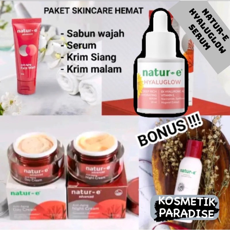 PAKET HEMAT SKINCARE NATUR E UNTUK FLEK HITAM DAN KERUTAN (Face wash, serum, krim siang, krim malam)