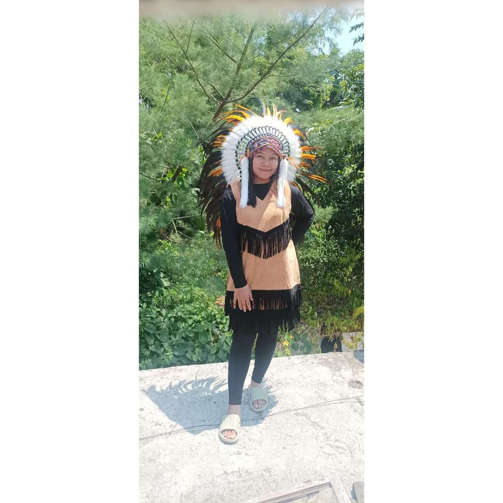 Warbonnet Set, Topi Indian, Kostum Indian, Karnaval, Hiasan kepala, Topi bulu ayam, Baju Indian