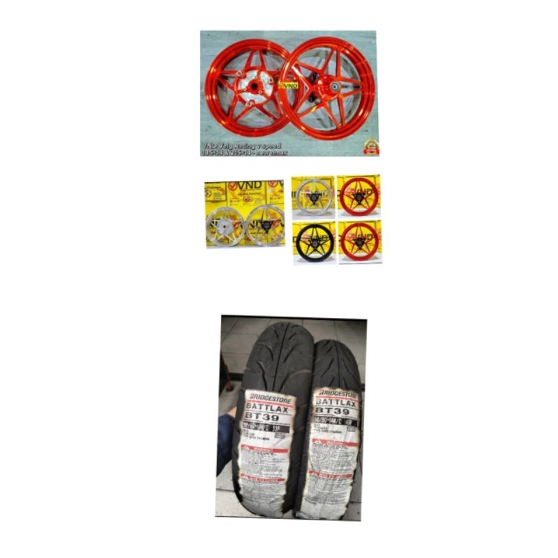 PAKETAN BAN LUAR BATTLAX BT 39 UK 90/80-14/ 110/80-14 TUBELESS PLUS VELG RECING VND V SPEED V1 BINTA
