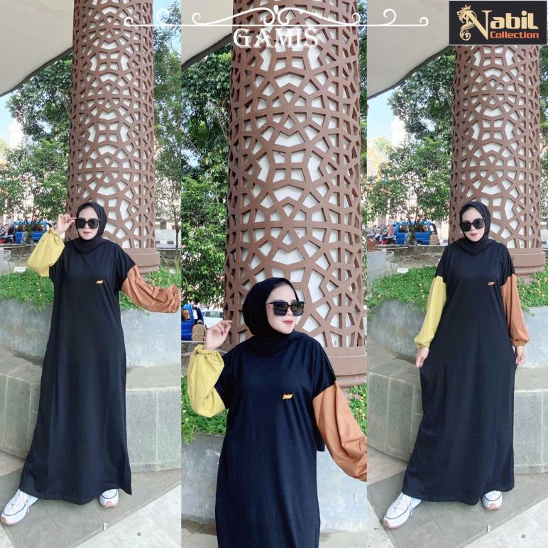 Gamis kombinasi by Nabil / Gamis wanita kaos / Gamis lengan kombinasi / gamis lengan balon / Gamis N