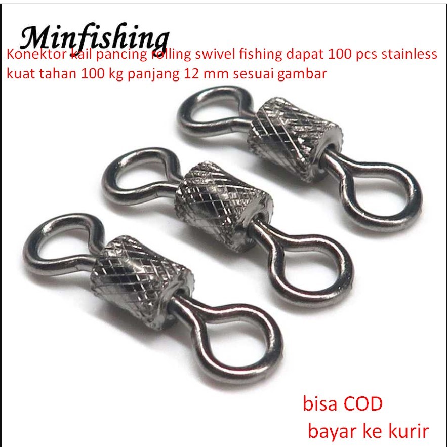 Konektor kail pancing rolling swivel fishing dapat 100 pcs stainless 100 kg panjang 12 mm sesuai gam