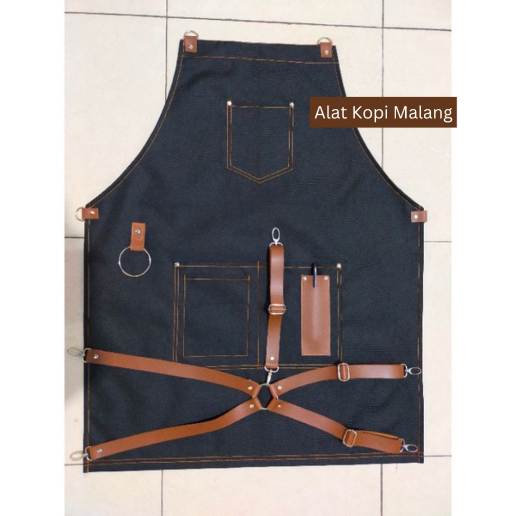 Apron Barista Bahan Canvas Strap kulit Sintetis