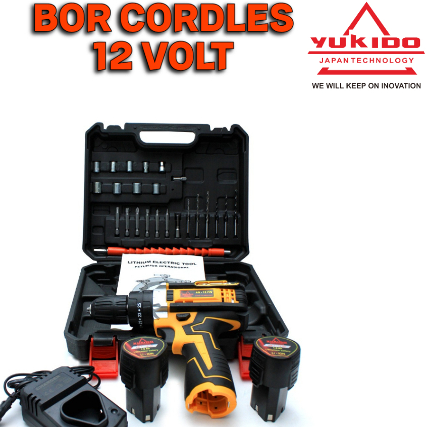 PROMO MURAH LEBAYMesin bor baterai Cordless Drill 12V bor batrai 12v besi kayu YUKIDO