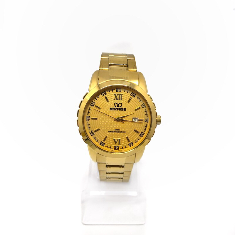 JAM TANGAN MIRAGE ORIGINAL A47(8267BRP-M) FULL GOLD DENGAN MOTIF KOMBINASI ANGKA ROMAWI DI PLATNYA A