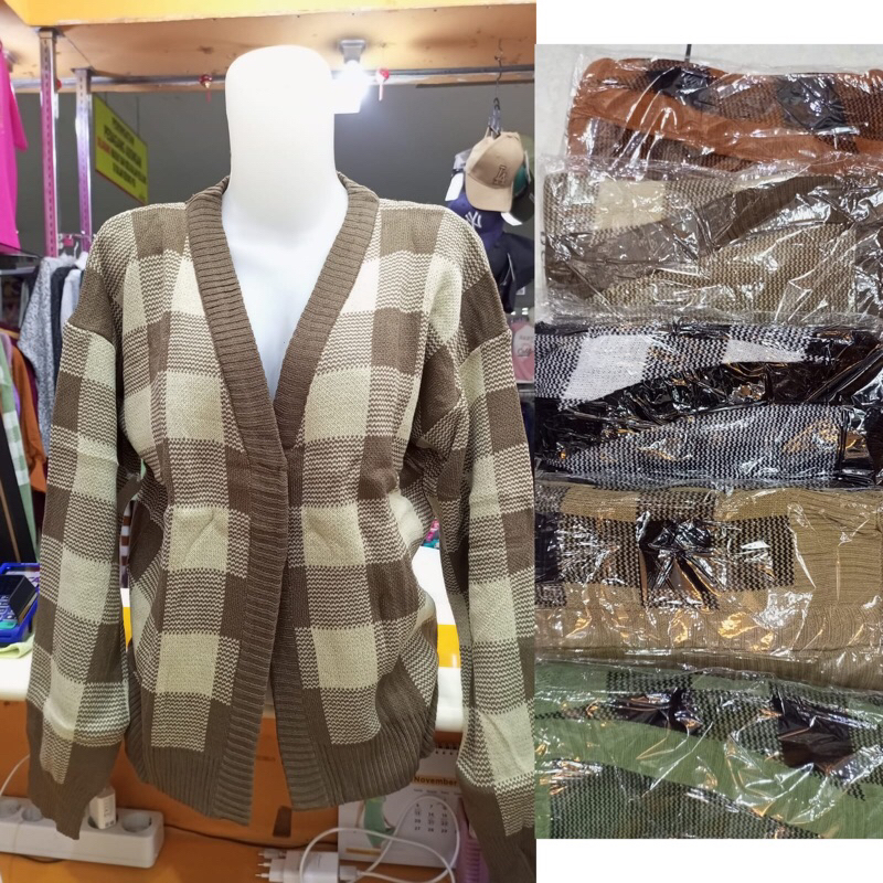 (Motif kotak besar) Sweater Rajut Semi Cardigan Rajut Wanita Import/ Kaos Rajut Wanita Import Terbar