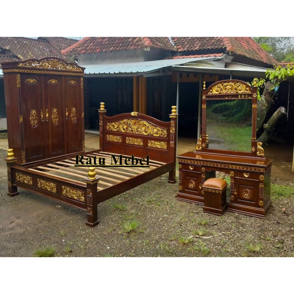 1 set kamar tidur lemari pakaian dan tolet kaca lengkap bahan dari jati
