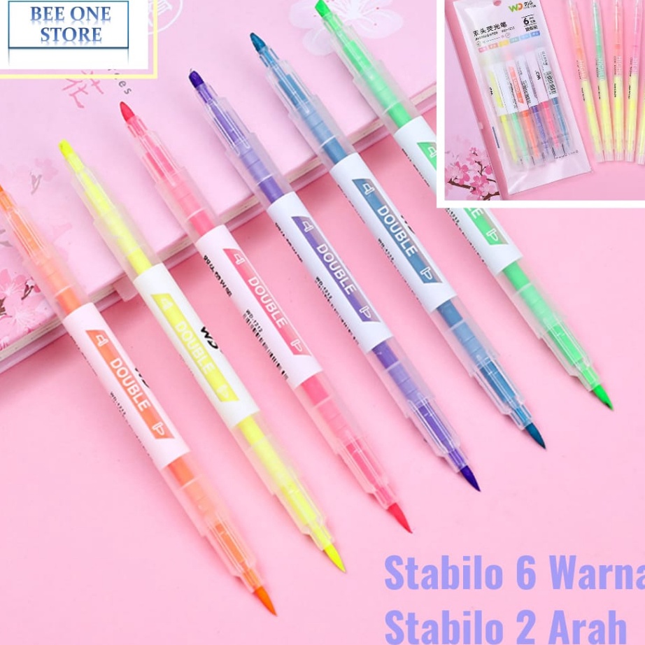 

BEE ONE 6pcs Stabilo Warna warni Stabilo 2 Arah 6 Warna 12 Warna
