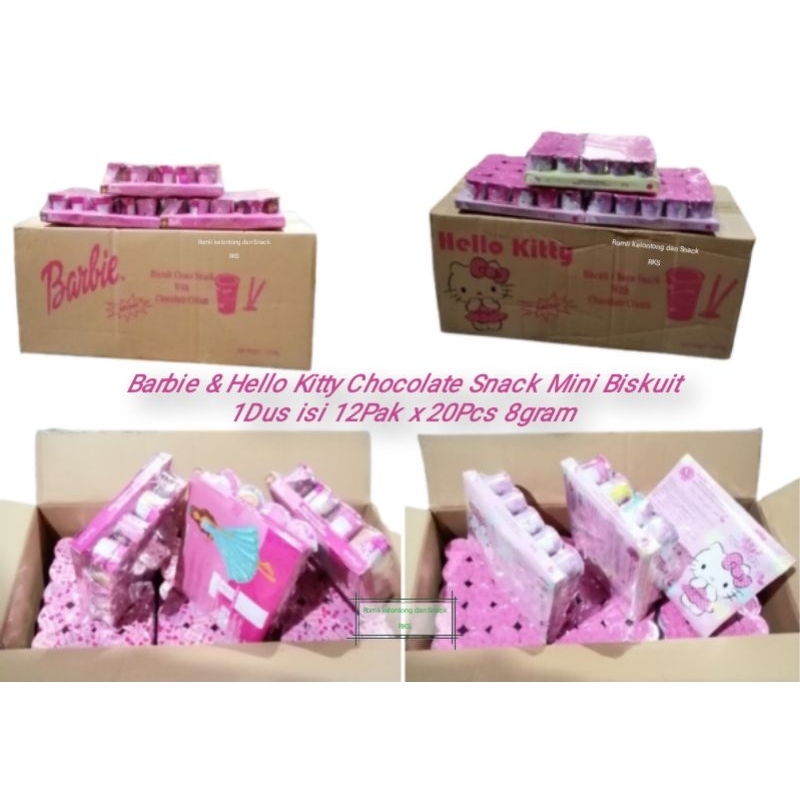 

Barbie & Hello Kitty Chocolate Snack Mini Biskuit Stick 1 Dus / Karton isi 12Pak x 20Pcs