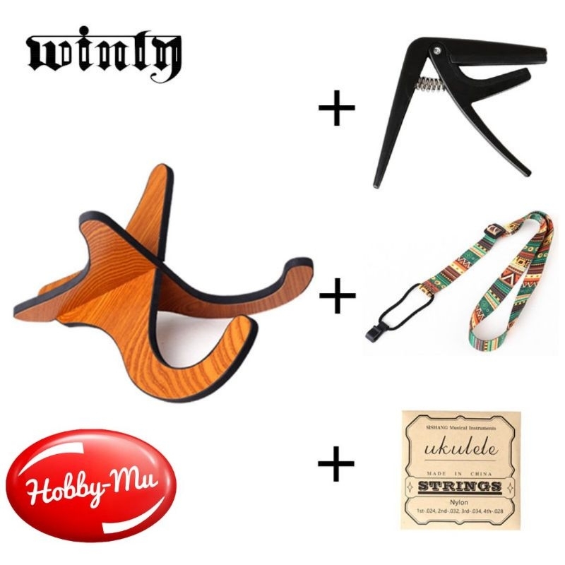 SET AKSESORIS UKULELE ( strap,stand kayu, senap capo)