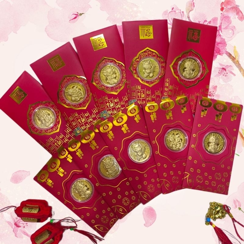 Angpao Premium dengan Koin Naga Lapis Emas / Amplop Angpao Koin Lapis Emas