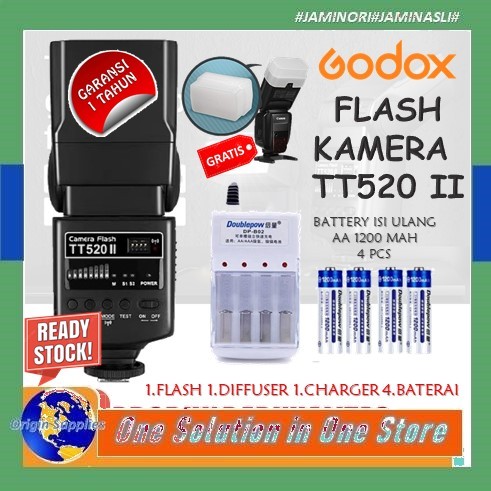 Paket Lampu Flash Eksternal Godox TT520II TT 520 II Kamera Canon Fujifilm Olympus Pentax Sony Nikon