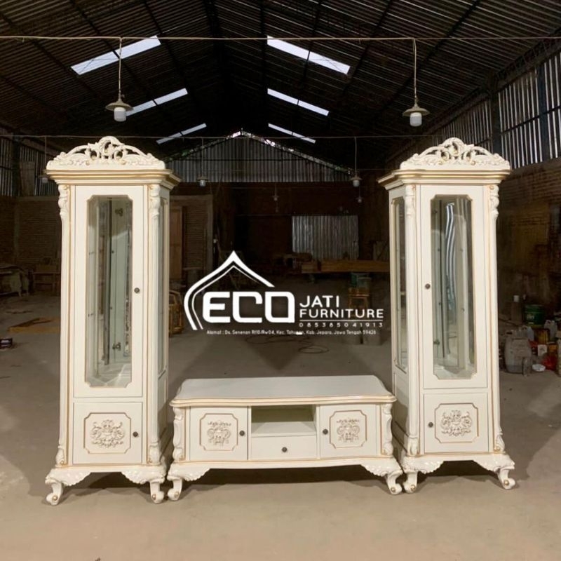 Bufet tv classic mewah finishing duco komplit kaca