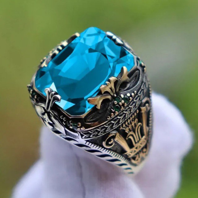 Cincin Batu Topaz Blue Elektrik Aquamarine Biru Terang Ring Turkish Style