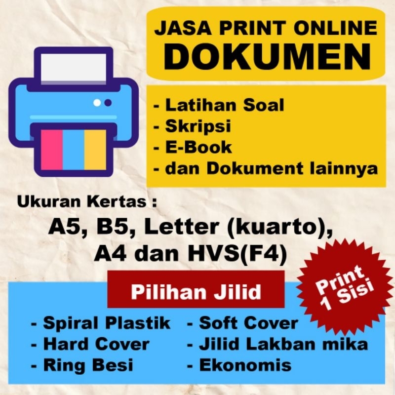 

Print Cetak HVS A5, B5, hitam putih, Letter,Kuarto,A4,Folio/F4 skripsi, Latihan soal, ebook dlll