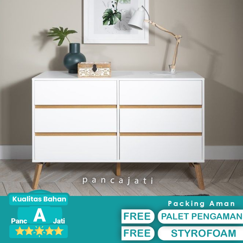 Drawer Pakaian Nakas Minimalis 6 Laci Warna Putih Kaki Kayu