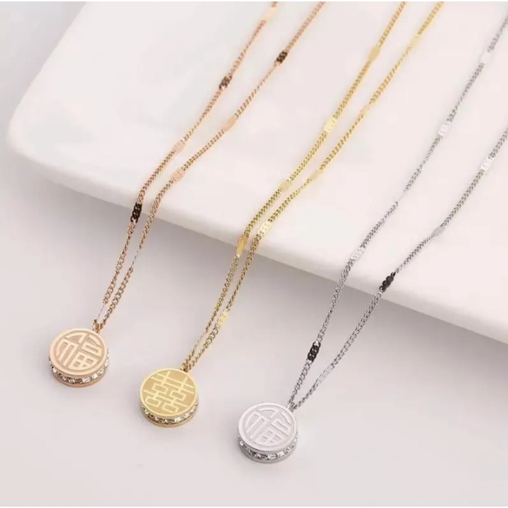 Kalung Titanium Wanita Viral Tik Tok Liontin Koin China/hoki Elegan Terbaru 2024 Korea Style Perempu