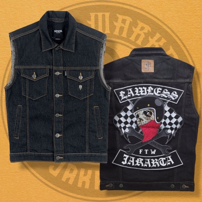 Vest Denim Maternal Disaster (Size M) + Backpatch Lawless Roadskull free Pin Button Maternal Origina