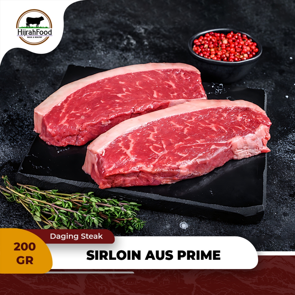 

Hijrahfood Beef Steak Sirloin AUS Grade Prime Daging Steak Sapi Striploin
