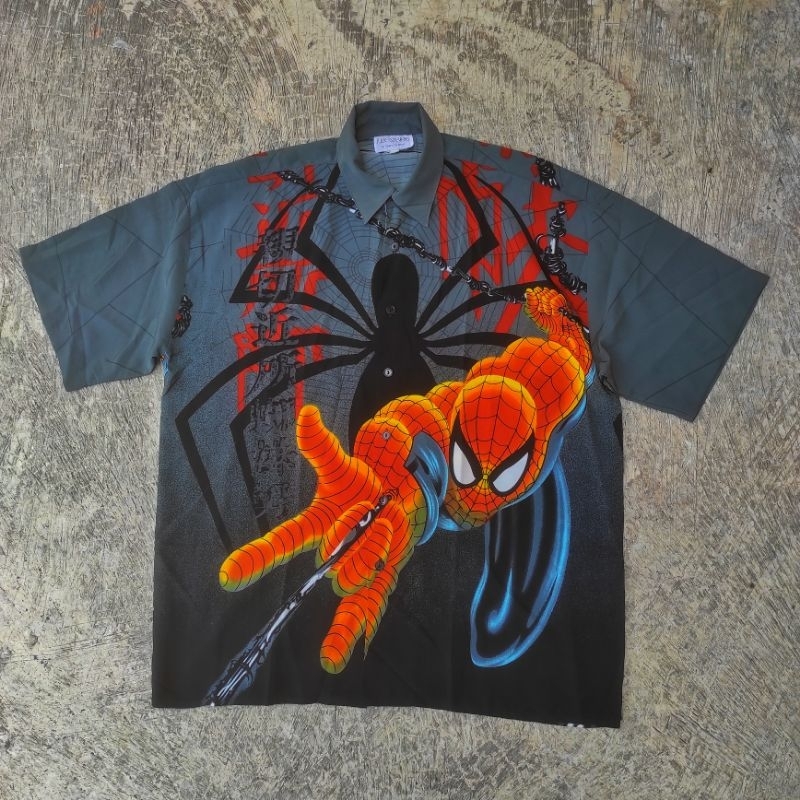 KEMEJA Y2K FULL PRINT SPIDERMAN MARVEL VTG VINTAGE DRAGON RYU HOKUSAI SUKAJAN JAPAN CULTURE AOP ANIM