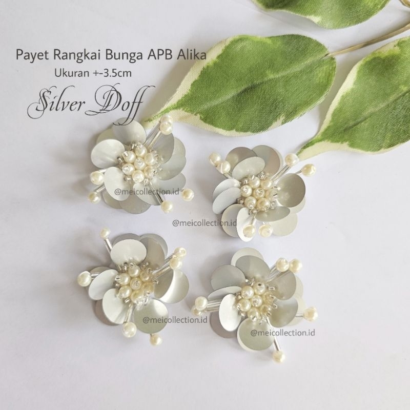 payet bunga 3d APB Alika silver doff off white permata mutiara.